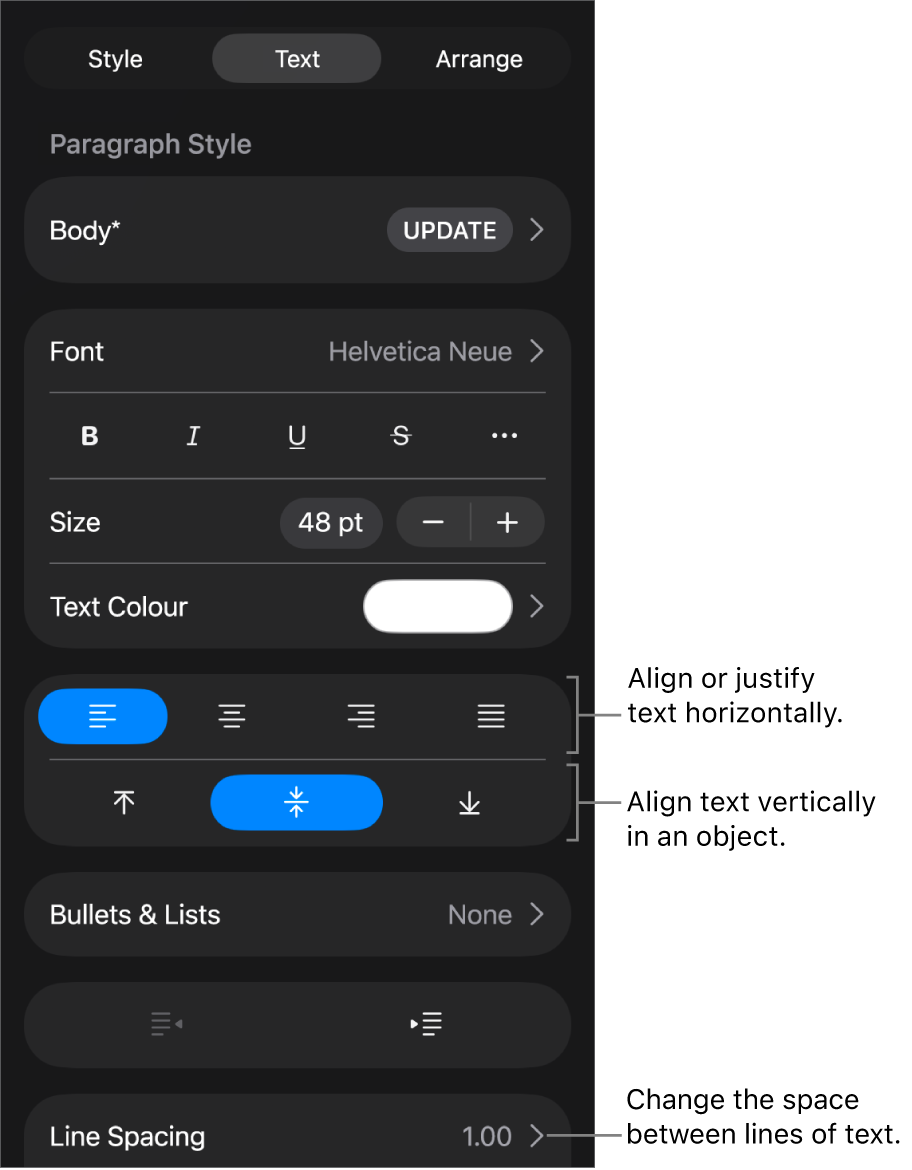 The Layout pane with a call out to the text alignment and spacing buttons.