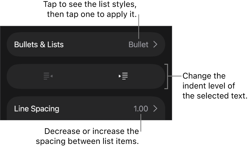 The Bullets & Lists section of the Format controls with callouts to Bullets & Lists, outdent and indent buttons, and line spacing controls.