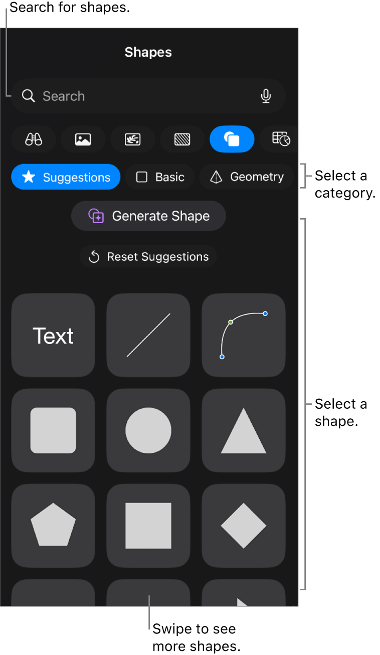The shapes library, with categories at the top and shapes displayed below. You can use the search field at the top to find shapes and swipe to see more.