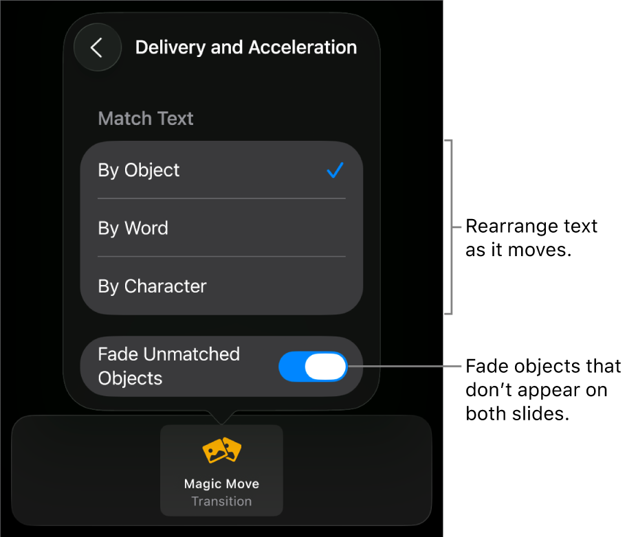 Magic Move delivery and acceleration options in the Acceleration pane.