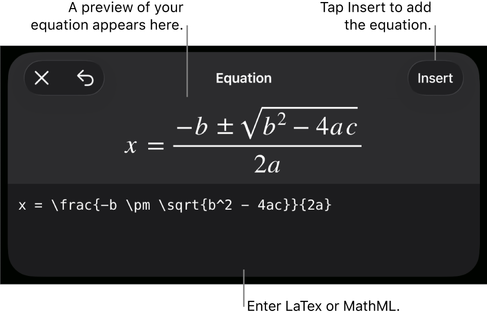 The Equation dialogue, showing an equation written using MathML commands, and a preview of the formula above.