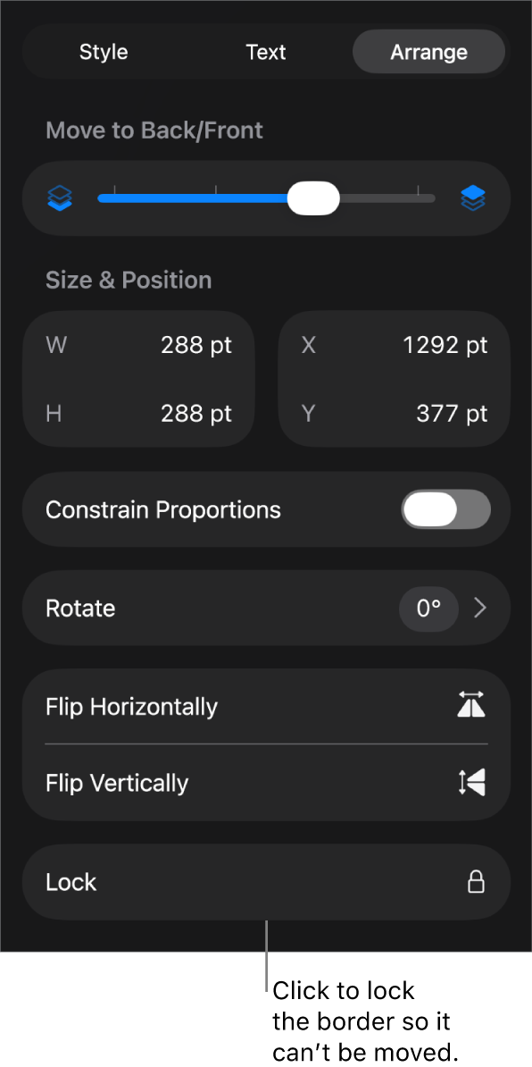The Arrange controls in the Format menu with the Lock button called out.