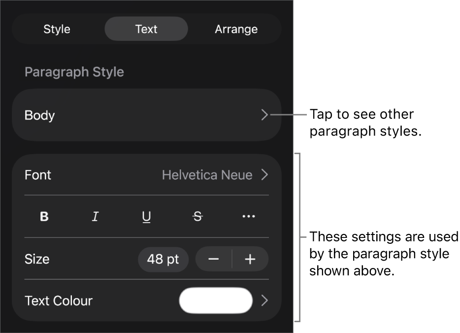 The Format menu showing text controls for setting paragraph and character styles, font, size and colour.