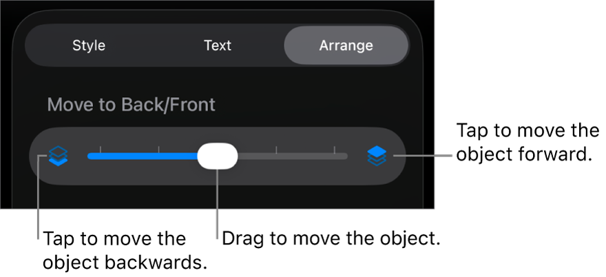 The Move Backward button, the Move Forward button and the layering slider.