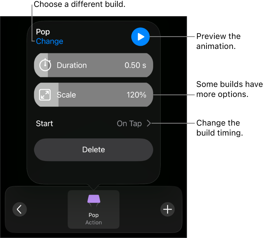 Build options include Duration and Start timing. Tap Change to choose a different build, or tap Preview to preview the build.