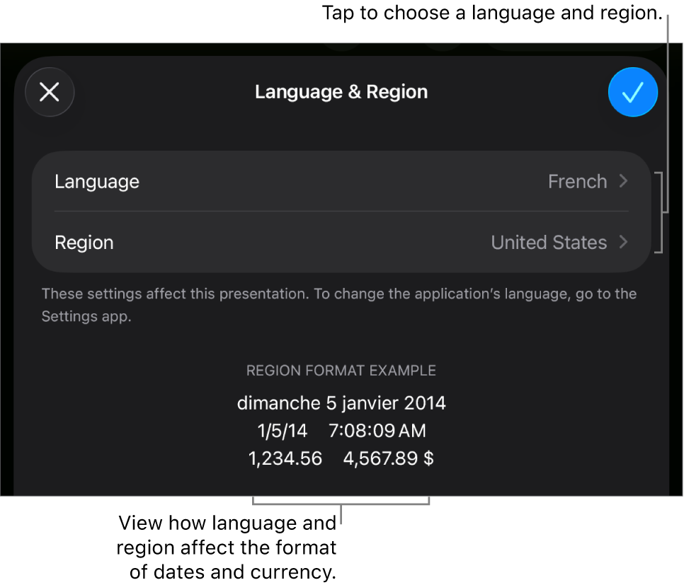 Language and Region pane with controls for language and region, and a format example including date, time, decimal and currency.