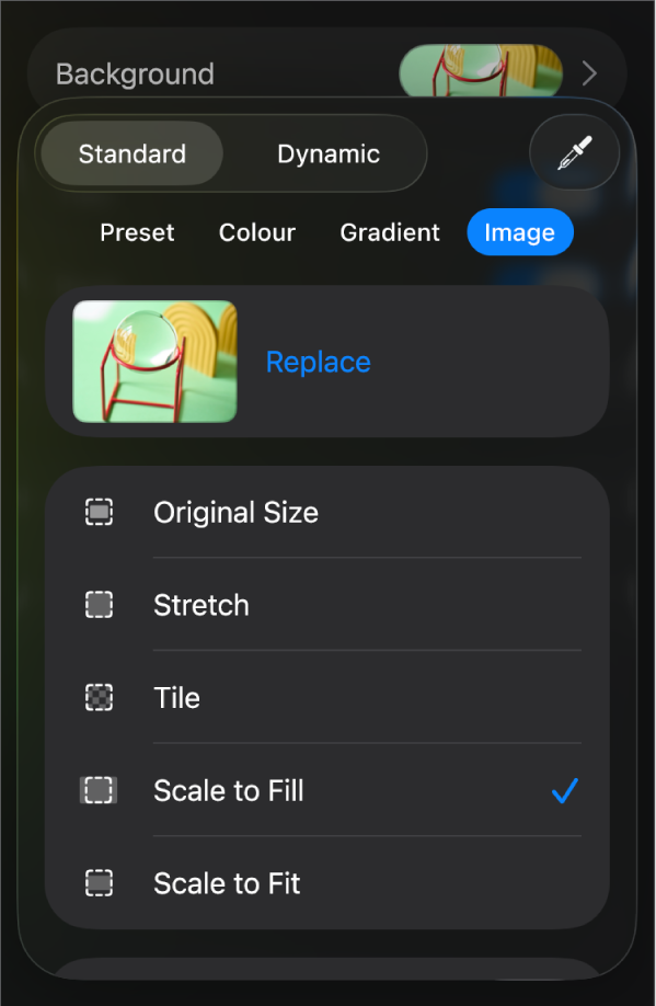 The Background controls with an image set as the slide background and the Colour Overlay control at the bottom.