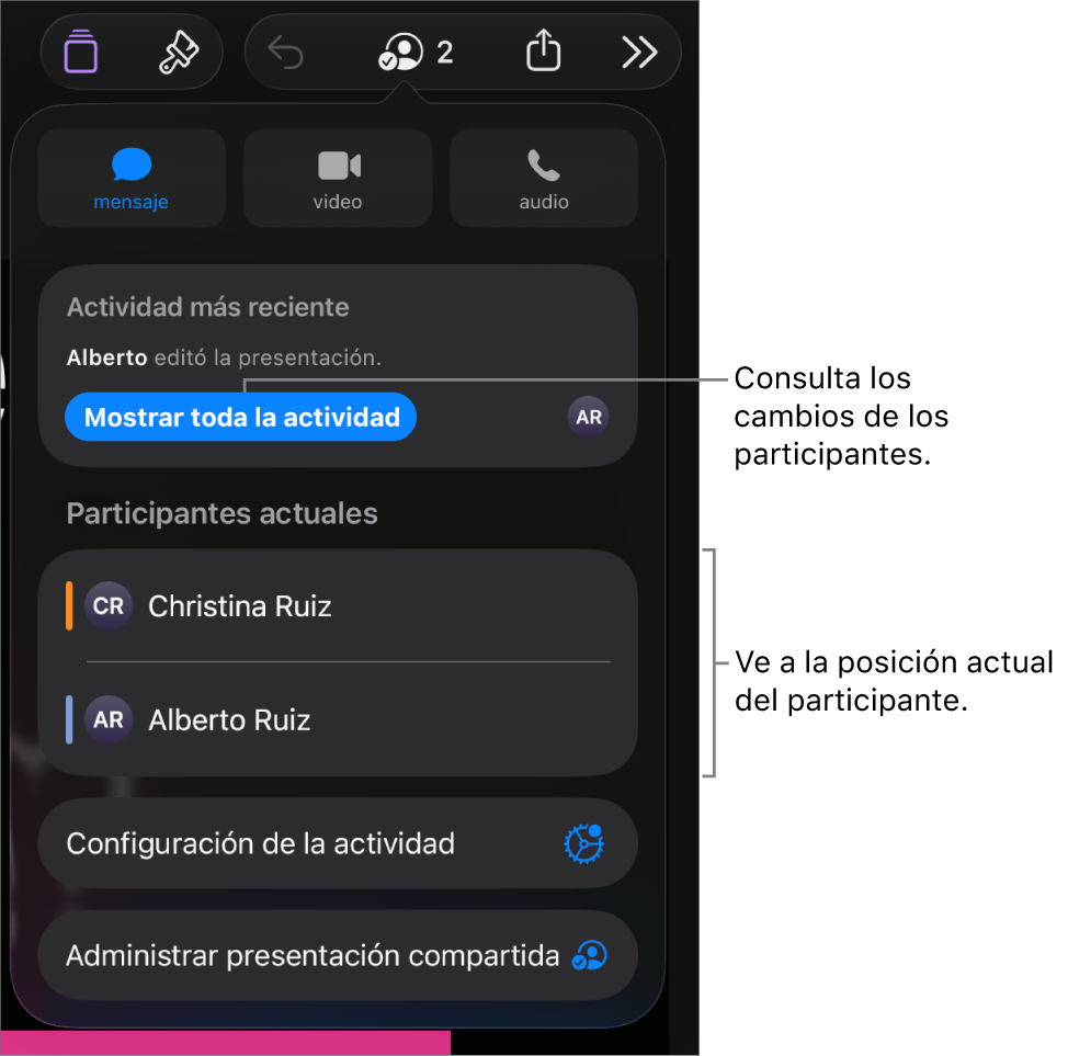 El menú de colaboración con los participantes actuales que aparecen ahí.