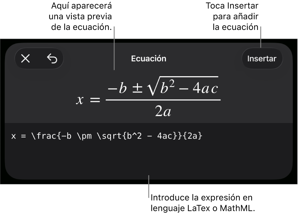 El diálogo Ecuación con una ecuación escrita con comandos de MathML y una previsualización de la fórmula encima.