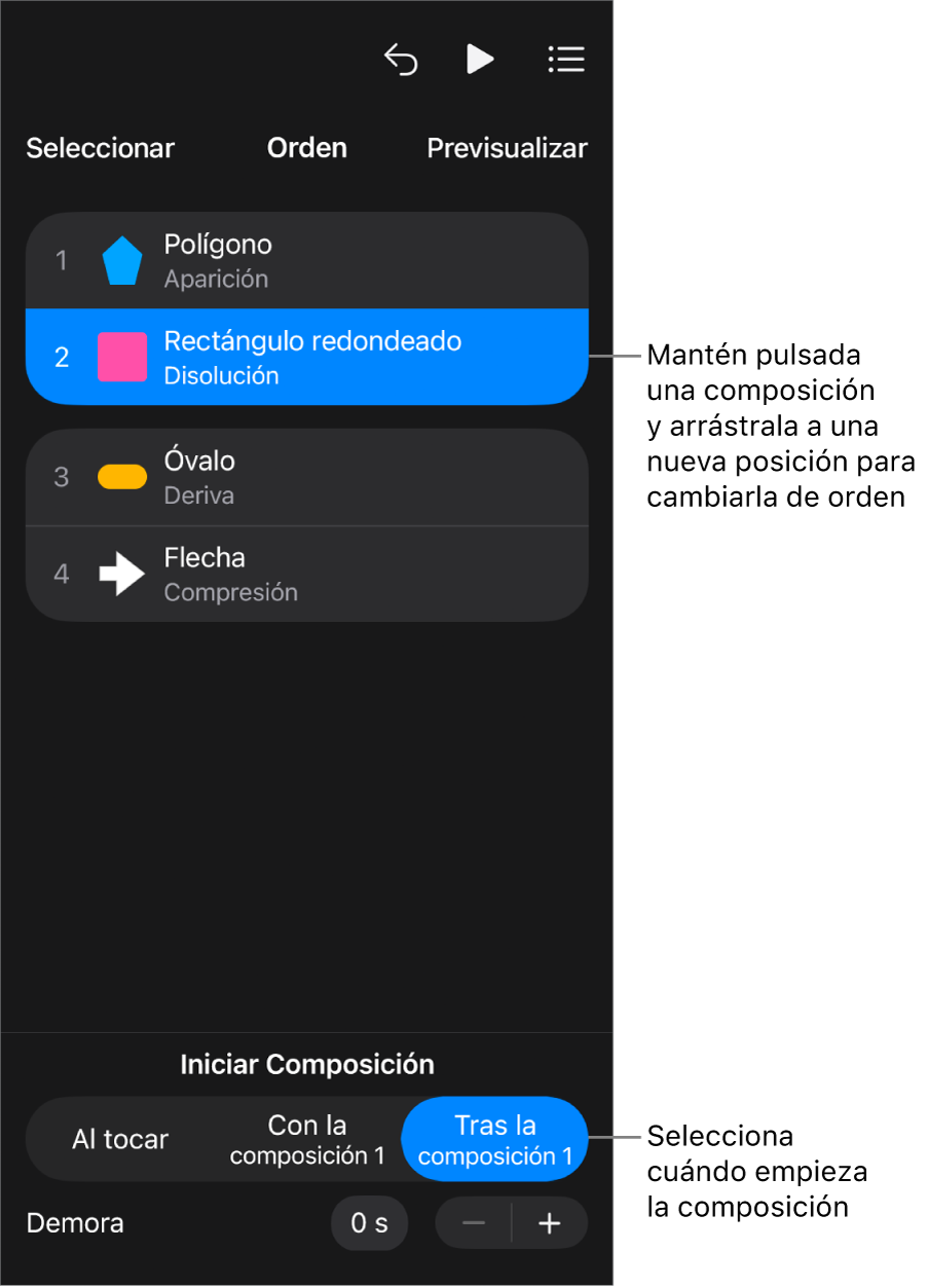 La lista “Orden de composición” mostrando los efectos de entrada con indicaciones amarillas y los de salida con indicaciones grises.