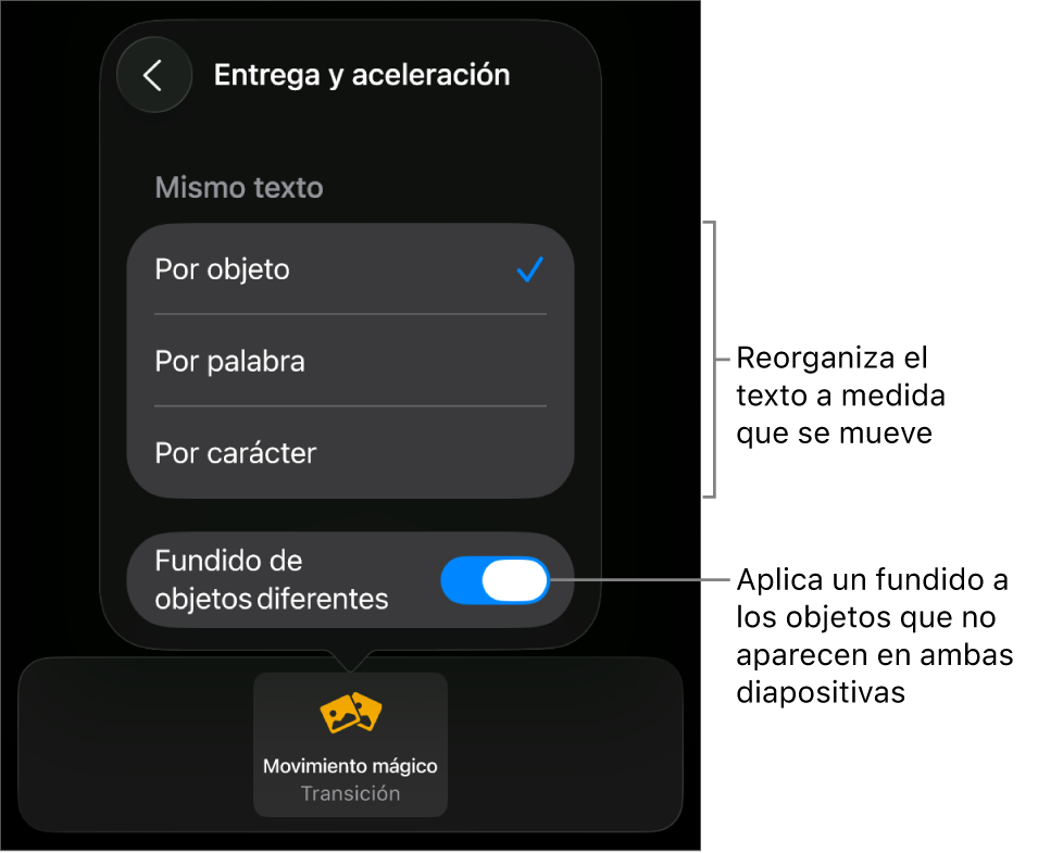 Opciones de entrega y aceleración de “Movimiento mágico” en el panel Aceleración.