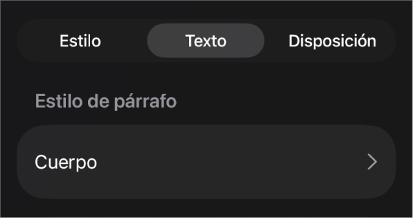 Un estilo de párrafo con un asterisco junto a él y un botón Actualizar a la derecha.