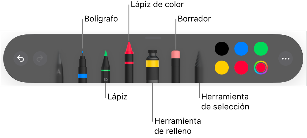 La barra de herramientas de dibujo con un bolígrafo, lápiz, lápiz de color, relleno, borrador, herramienta de selección y paleta de colores, que muestra el color actual.