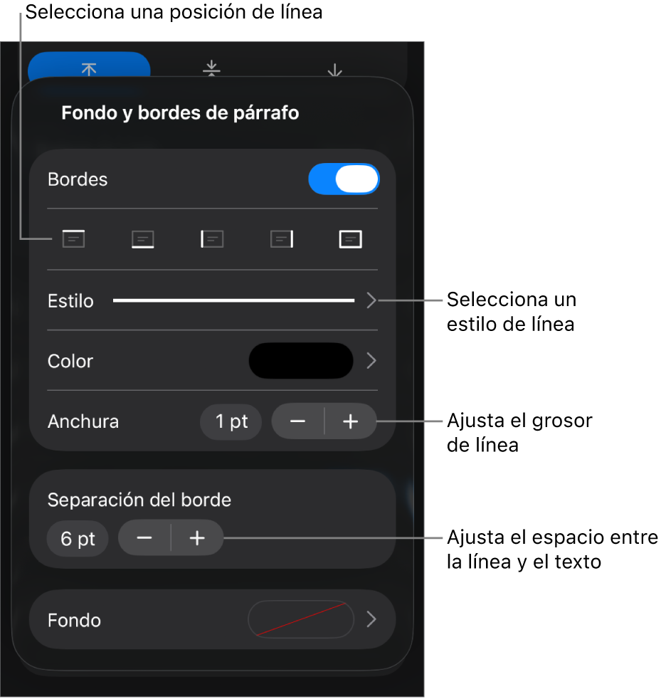 Controles para cambiar el estilo de línea, grosor, posición y color.