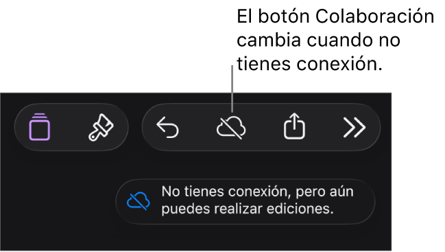 Los botones de la parte superior de la pantalla, con el botón Colaboración cambiado a una nube con una línea diagonal que la atraviesa. Un aviso en la pantalla dice “No tienes conexión, pero aún puedes realizar ediciones”.