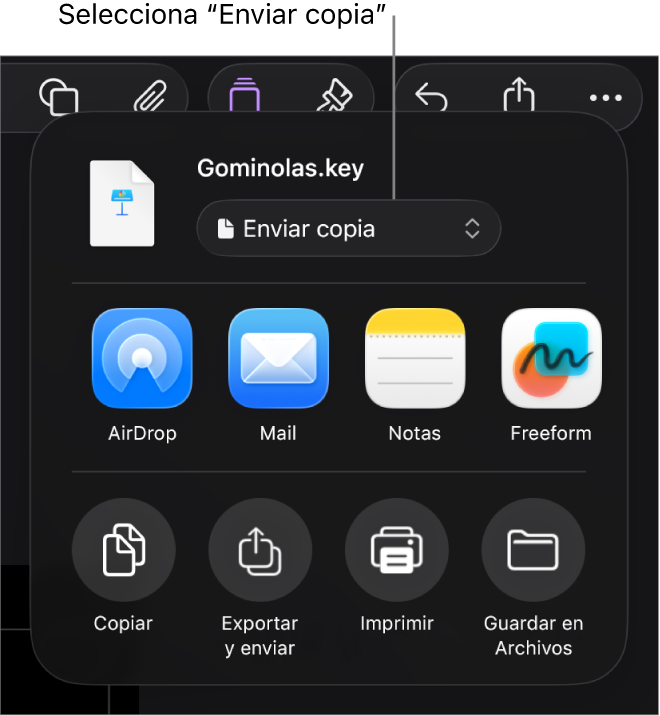 El menú Compartir con la opción “Enviar copia” seleccionada en la parte superior.