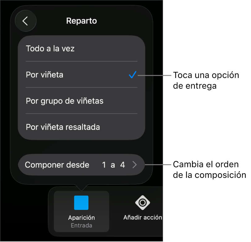 Opciones de Entrega en el panel Entrada.
