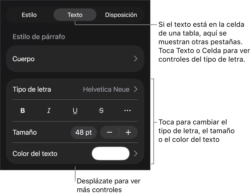 Controles de texto en el menú Formato para configurar los estilos de párrafo y carácter, tipo de letra, tamaño y color.