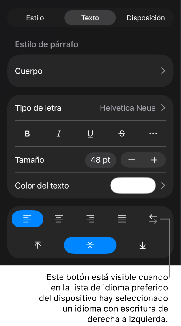 Controles de texto del menú Formato con una llamada al botón “De izquierda a derecha”.