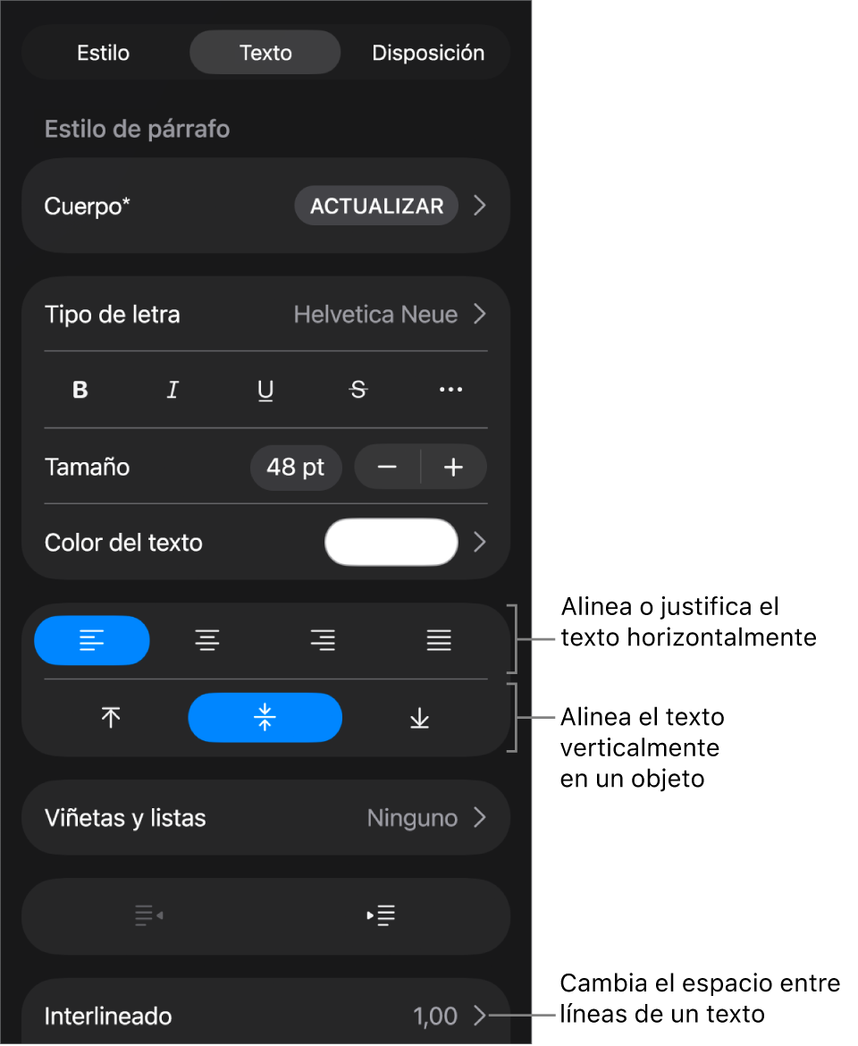 El panel Alineación con llamadas a los botones de alineación de texto y espaciado.