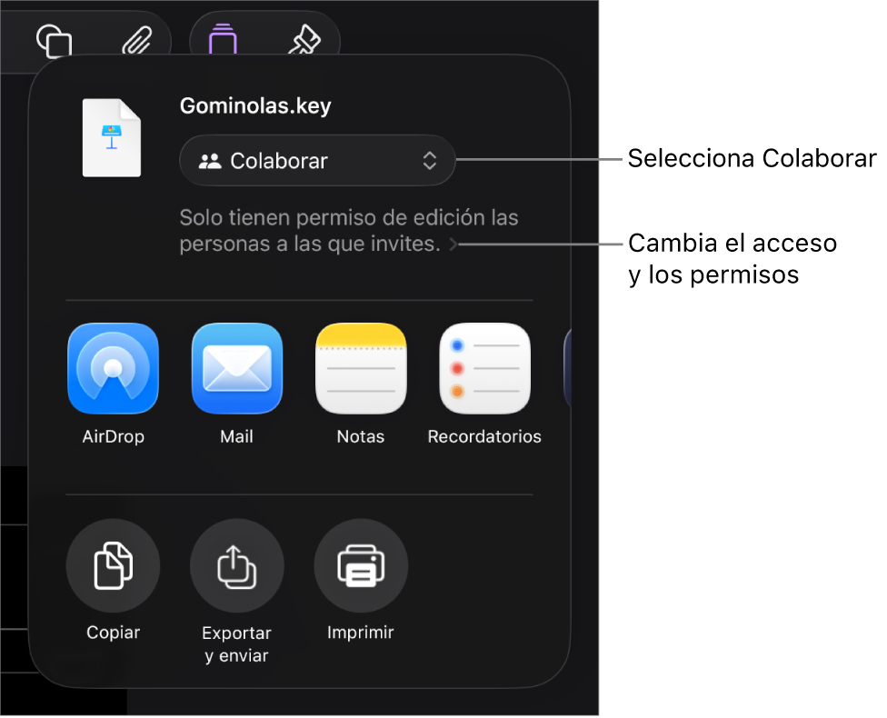 El menú Compartir con la opción Colaborar seleccionada en la parte superior y los ajustes de acceso y permisos debajo.
