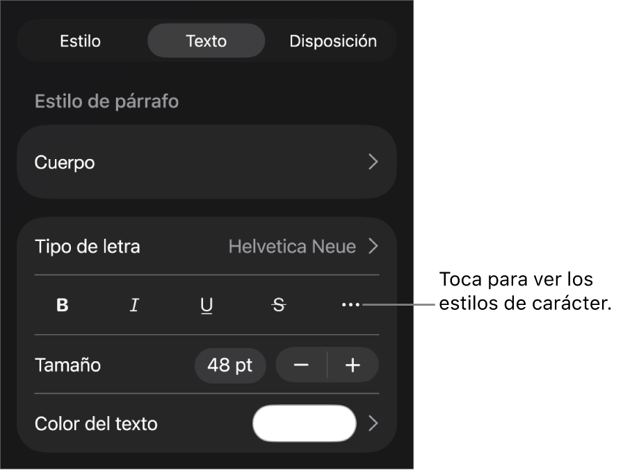 Los controles de Formato con los estilos de párrafo en la parte superior y, después, los controles de “Tipo de letra”. Debajo de “Tipo de letra” están los botones Negrita, Cursiva, Tachado y “Más opciones de texto”