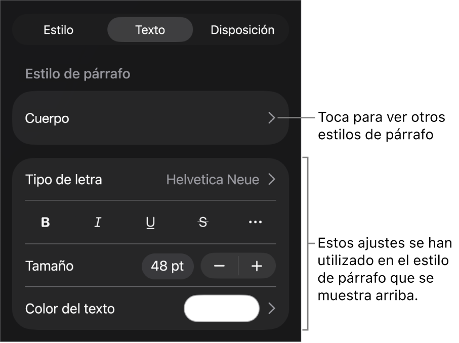 El menú Formato, que muestra controles de texto para configurar los estilos de párrafo y carácter, tipo de letra, tamaño y color.
