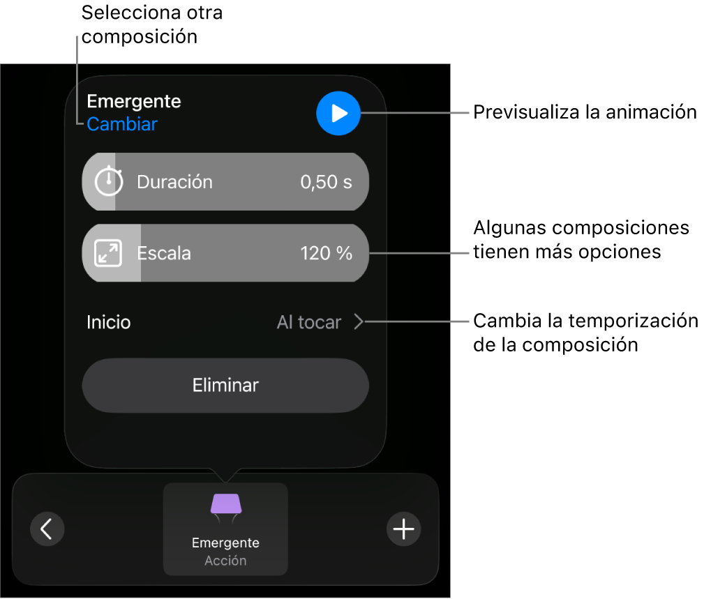 Las opciones de composición incluyen los tiempos de Duración e Inicio. Toca Cambiar para seleccionar otra composición o toca Previsualización para previsualizar la composición.