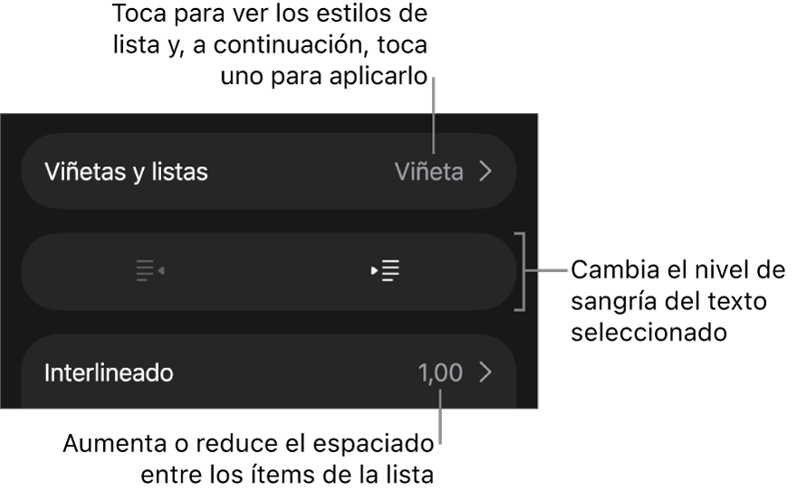 La sección “Viñetas/listas” de los controles de formato con llamadas a “Viñetas/listas”, los botones de sangría o de sangría izquierda, y los controles de interlineado.