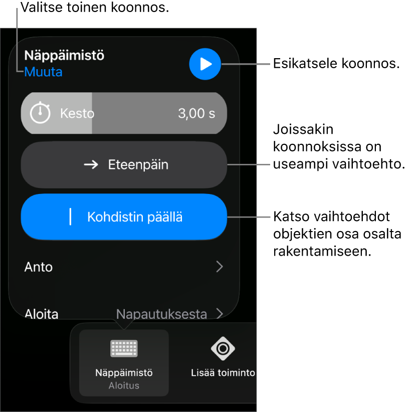 Koonnosvalintoihin sisältyy Kesto, Anto ja Aloituksen ajoitus. Valitse toinen koonnos napauttamalla Muuta tai esikatsele koonnosta napauttamalla Esikatsele.