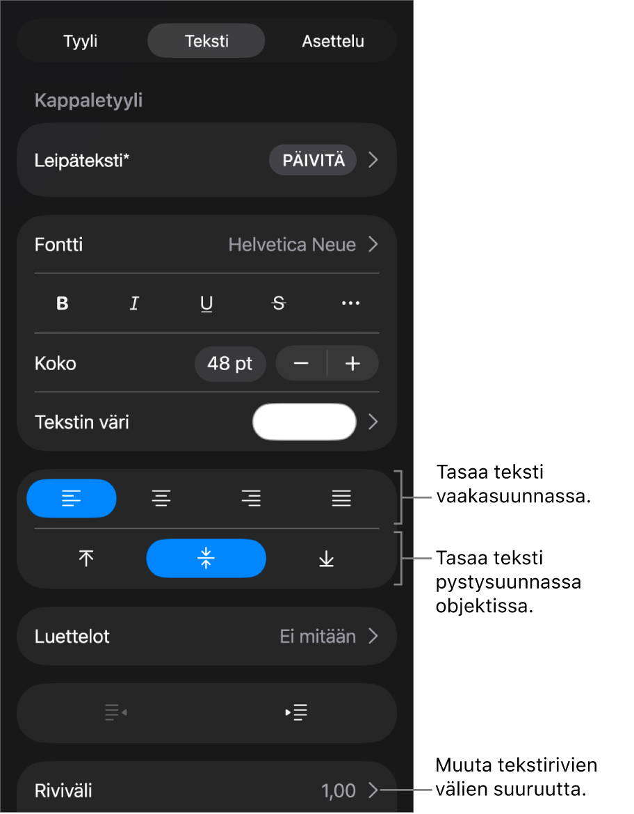 Asettelu-osio, jossa näkyy selitteet tekstin tasaus- ja välistyspainikkeille.