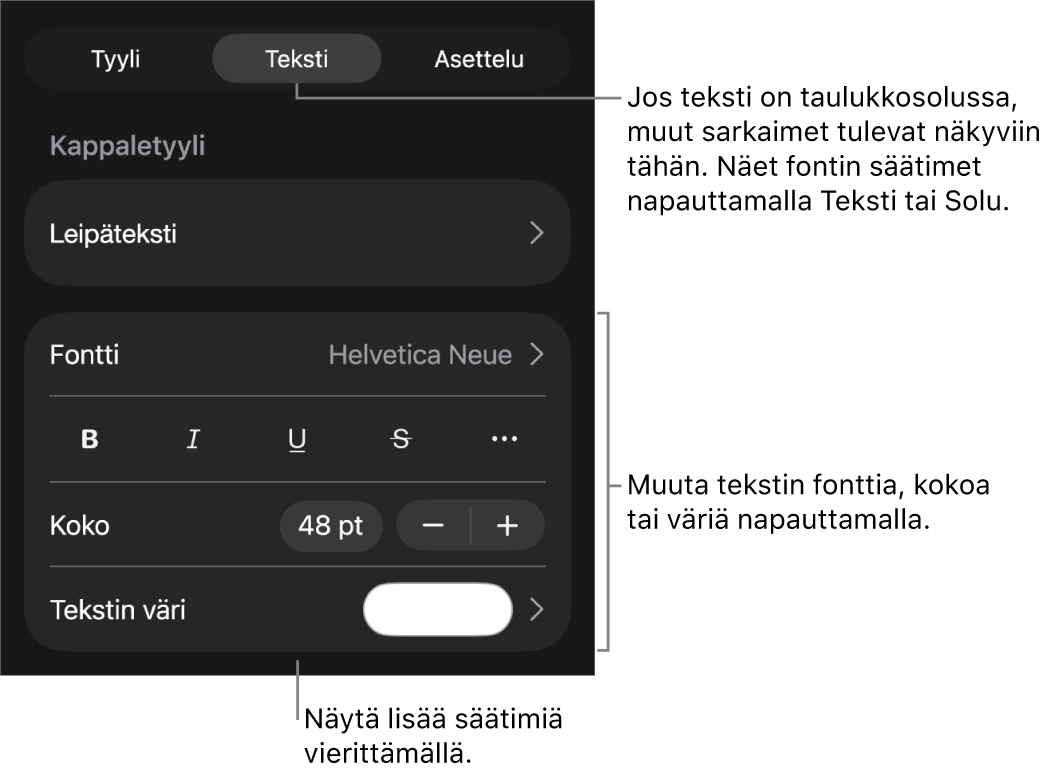 Muoto-valikon tekstisäätimet kappale- ja merkkityylien, fontin, koon ja värin valitsemista varten.