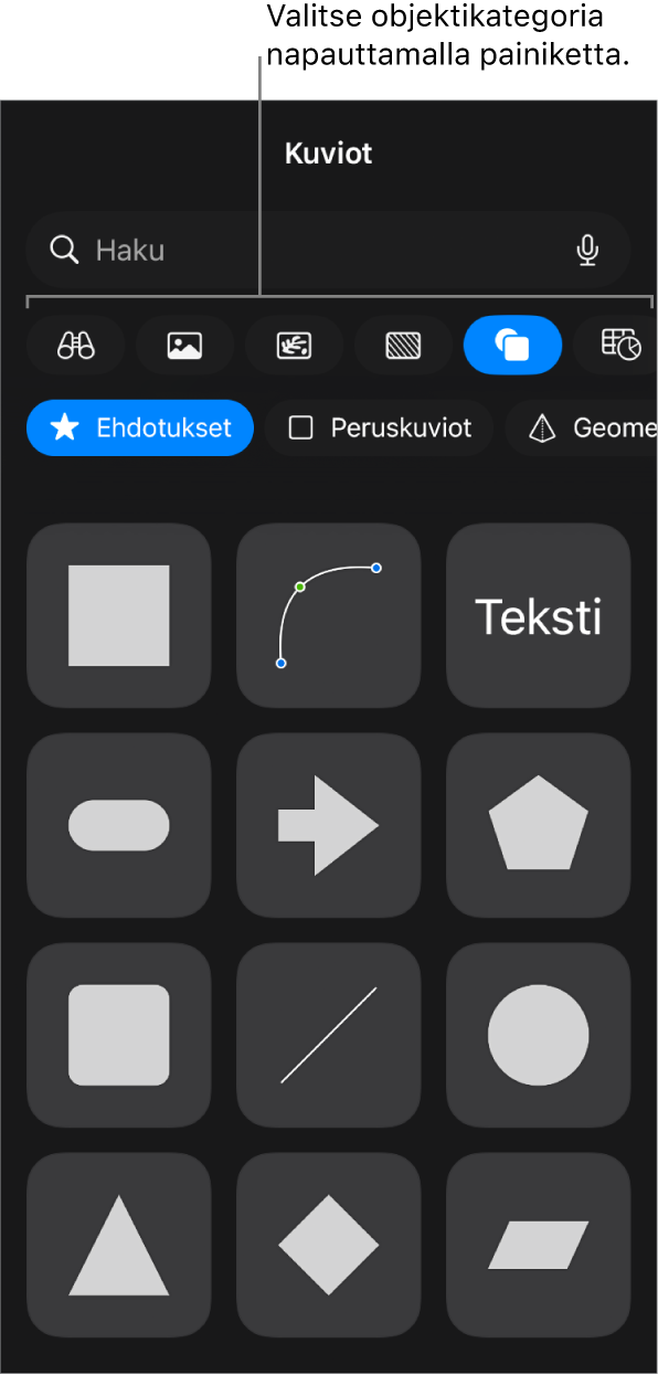 Objektin lisäämisen säätimet, joiden yläreunassa on painikkeita taulukoiden, kaavioiden, kuvioiden (mukaan lukien viivojen ja tekstilaatikoiden) ja median valitsemiseen.