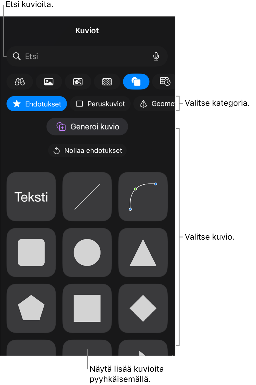 Kuviokirjasto, jossa näkyy yläreunassa kategorioita ja alla kuvioita. Voit etsiä kuvioita yläreunassa olevan hakukentän avulla ja näyttää niitä lisää pyyhkäisemällä.