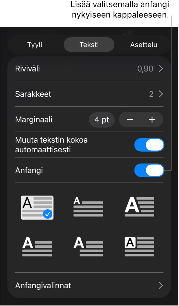 Anfangi-säätimet Teksti-valikossa.
