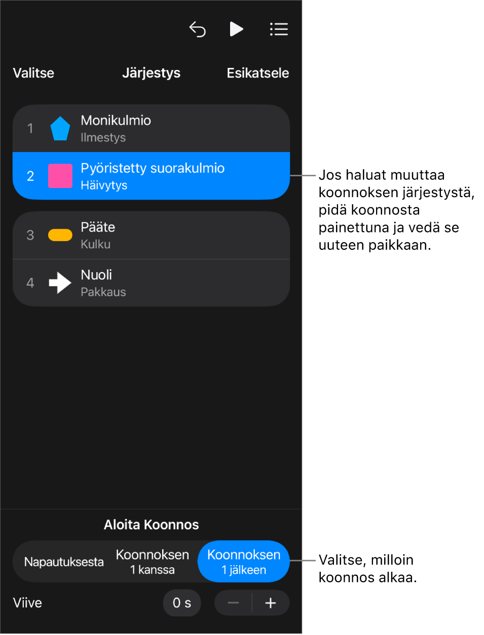 Koonnoksen järjestys -luettelo, jossa aloitustehosteissa on keltaisia merkkejä ja lopetustehosteissa harmaita merkkejä.