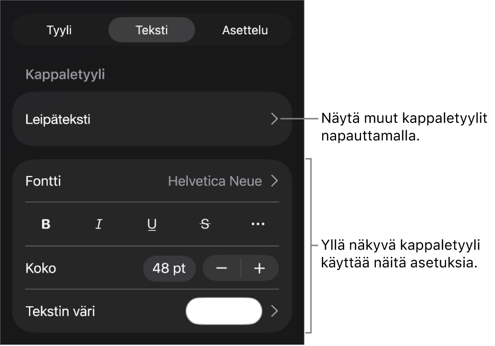 Muoto-valikko, jossa on tekstisäätimet kappale- ja merkkityylien, fontin, koon ja värin valitsemista varten.