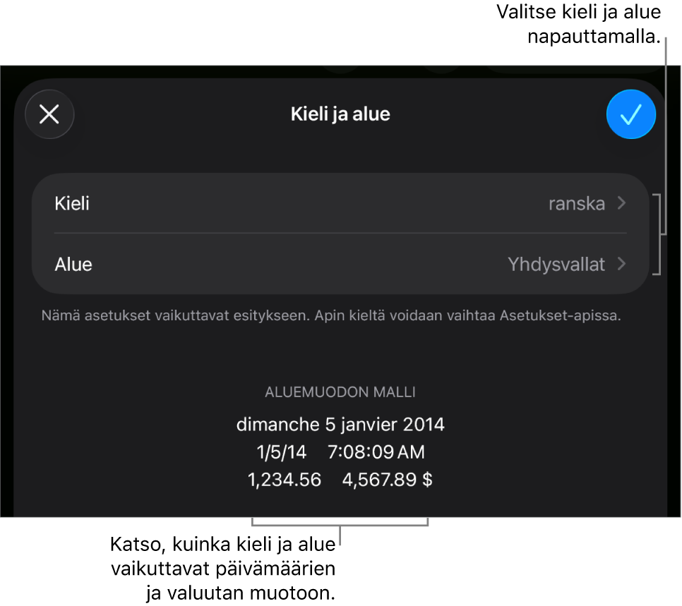 Kieli ja alue -osio, jossa näkyvät kielen ja alueen säätimet sekä muotoesimerkki mukaan lukien päivämäärä, aika, desimaali ja valuutta.