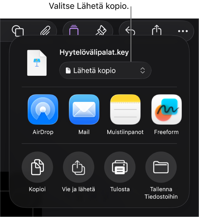 Jaa-valikko, jossa on ylhäällä valittuna Lähetä kopio.
