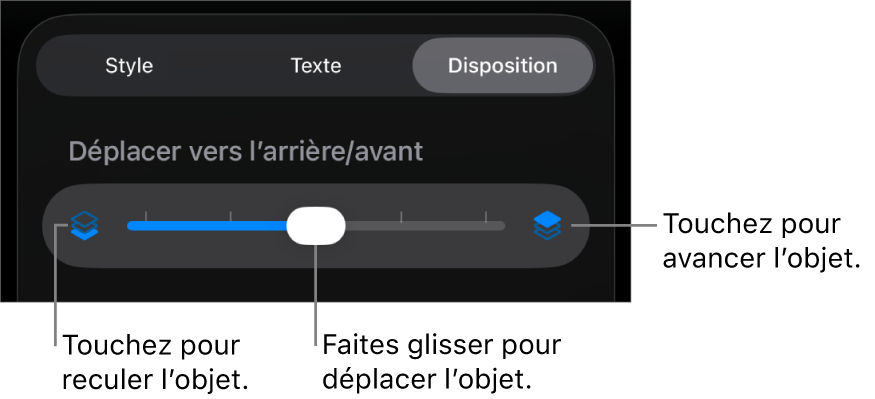 Le bouton de déplacement vers l’arrière, le bouton de déplacement vers l’avant et le curseur de superposition.