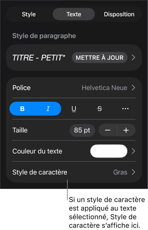 Commandes de mise en forme du texte avec Style de caractère sous les commandes de couleur. Style de caractère Aucun affiché avec un astérisque.