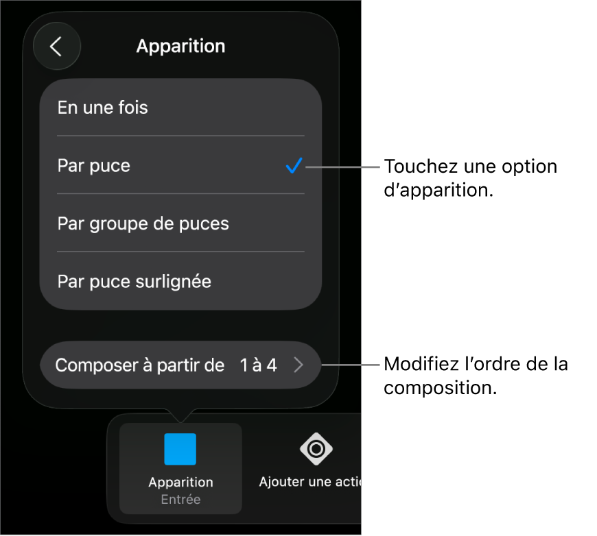 Options d’apparition de la sous-fenêtre Entrée.