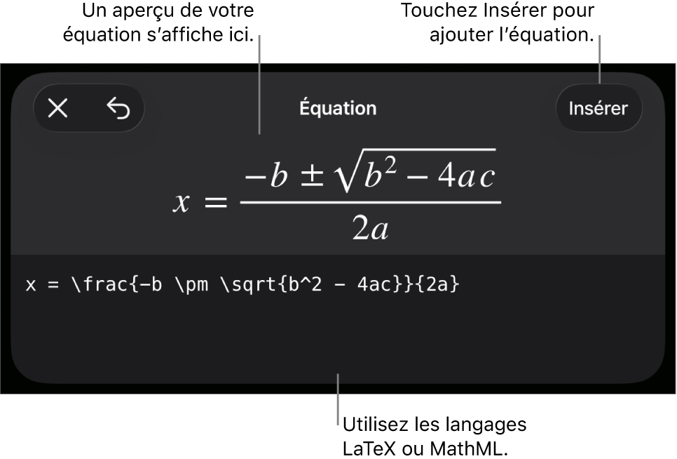 Zone de dialogue Équation, affichant une équation composée à l’aide des commandes MathML et aperçu de la formule au-dessus.