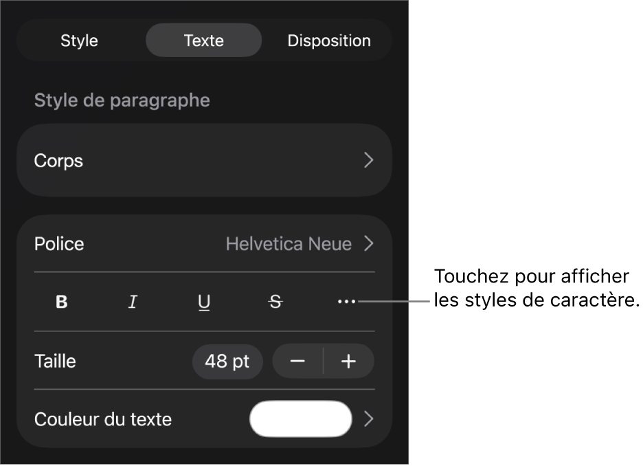 Les commandes de Format avec les styles de paragraphes en haut, puis les commandes de Police. Sous Police se trouvent les boutons Gras, Italique, Souligné, Barré et Plus d’options de texte.