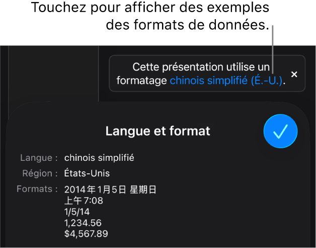 La notification du réglage de langue et de région différent affichant des exemples de la mise en forme correspondant à cette langue et à cette région.