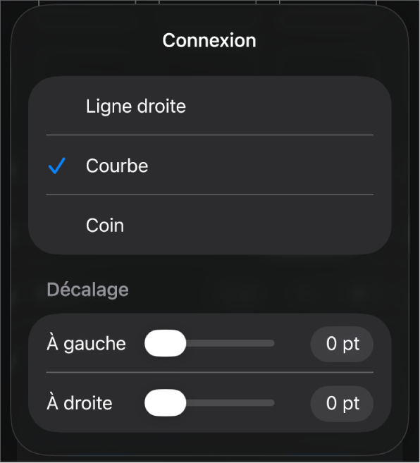 Les commandes Connexion avec l’option Courbe sélectionnée.