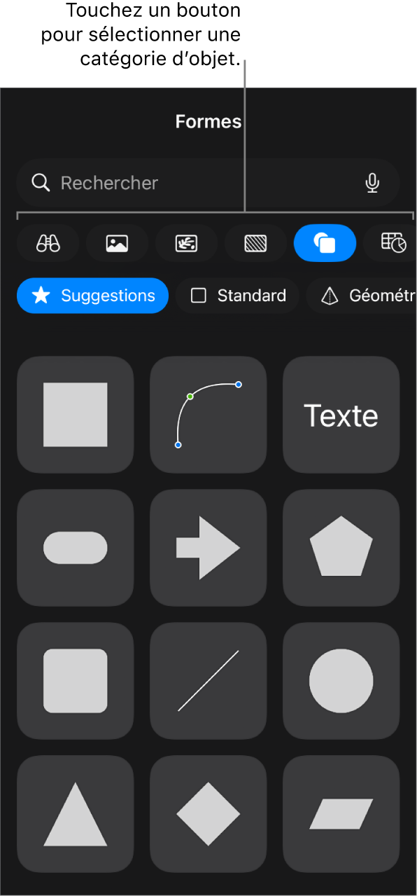 Commandes pour l’ajout d’un objet, avec des boutons en haut permettant de sélectionner des tableaux, des graphiques, des formes (notamment des lignes et zones de texte) et du contenu multimédia.