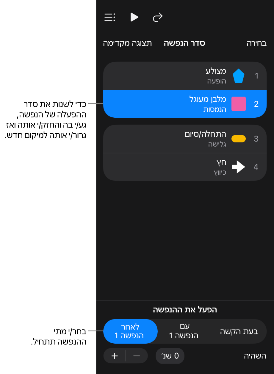 הרשימה ״סדר ההנפשות״ מציגה אפקטי הנפשת כניסה עם תגיות צהובות ואפקטי הנפשת יציאה עם תגיות אפורות.