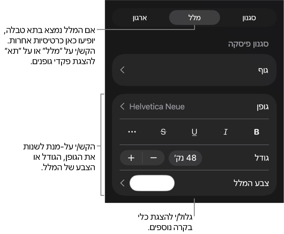 כלי בקרה של מלל בתפריט ״עיצוב״ להגדרת סגנונות, גופן, גודל וצבע עבור פיסקאות ותווים.