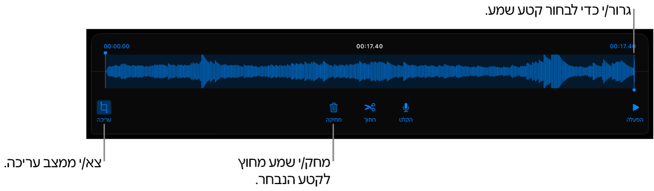 כלי הבקרה לעריכת שמע שהוקלט. ידיות האחיזה מציינות את המקטע שנבחר מתוך ההקלטה, והכפתורים ״תצוגה מקדימה״, ״הקלט״, ״חתוך״, ״מחק״ ו״מצב עריכה״ נמצאים מתחת.
